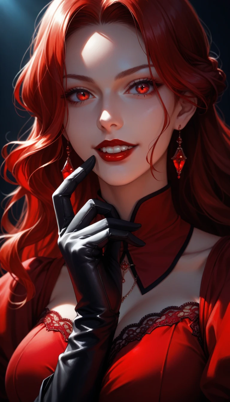 masterpiece,  of high quality, 
  cartoon style , anime ,    vibrant colors    ,     Light-Dark Lighting    ,        with cannabis theme      ,
1 woman,    details inspired by the vampire Lenore    (   from Castlevania Netflix     )
long   red hair,   red hair,     red eyes   ,
((( Half-length portrait, close-up,   red dress  , deep neckline,   red eyes detalhados,   detailed face gloves, Teeth, red lipstick)))
dark background
