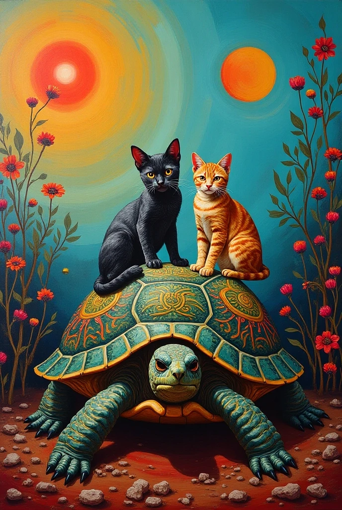   surrealist painting Inspired by Paintings of turtle with Cats on Their Back、indigenous art、Artist Unknown、  Oil on Canvas and Aliens  、Norman･Mingo Paintings  、  surrealist painting 、 Influenced by Yokoo Tadanori 