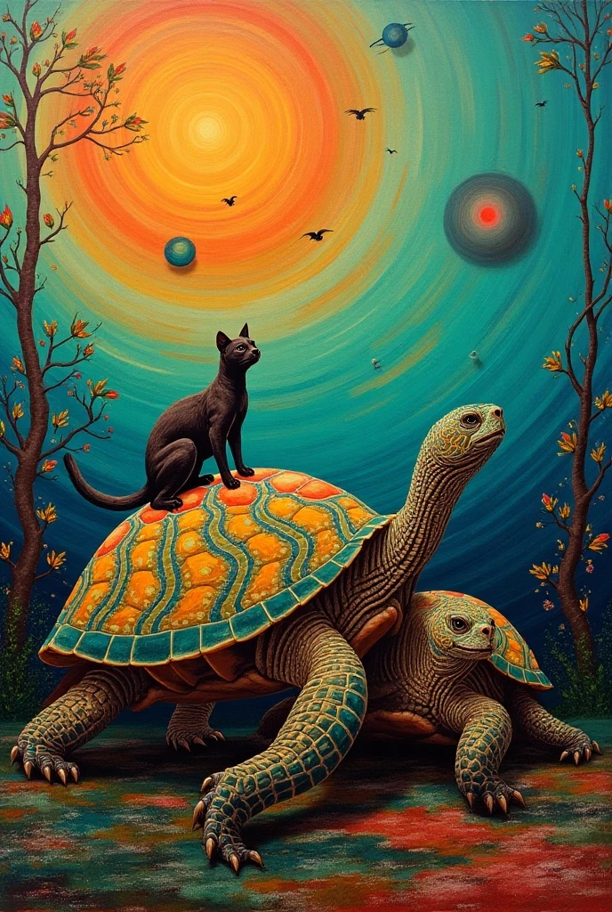   surrealist painting Inspired by Paintings of turtle with Cats on Their Back、indigenous art、Artist Unknown、  Oil on Canvas and Aliens  、Norman･Mingo Paintings  、  surrealist painting 、 Influenced by Yokoo Tadanori 