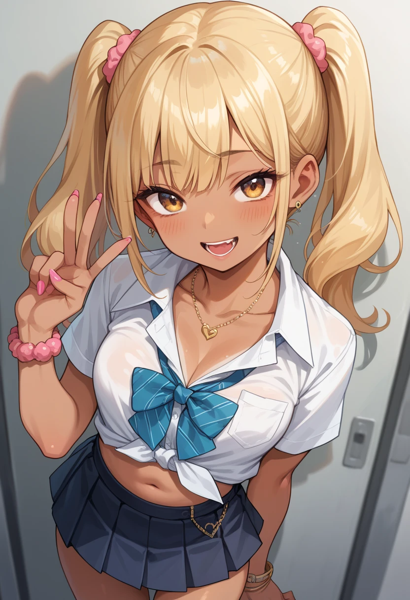 blonde hair , tanned skin,gyaru,twintails,Micro mini skirt,T-back,Skirts that are above the waist