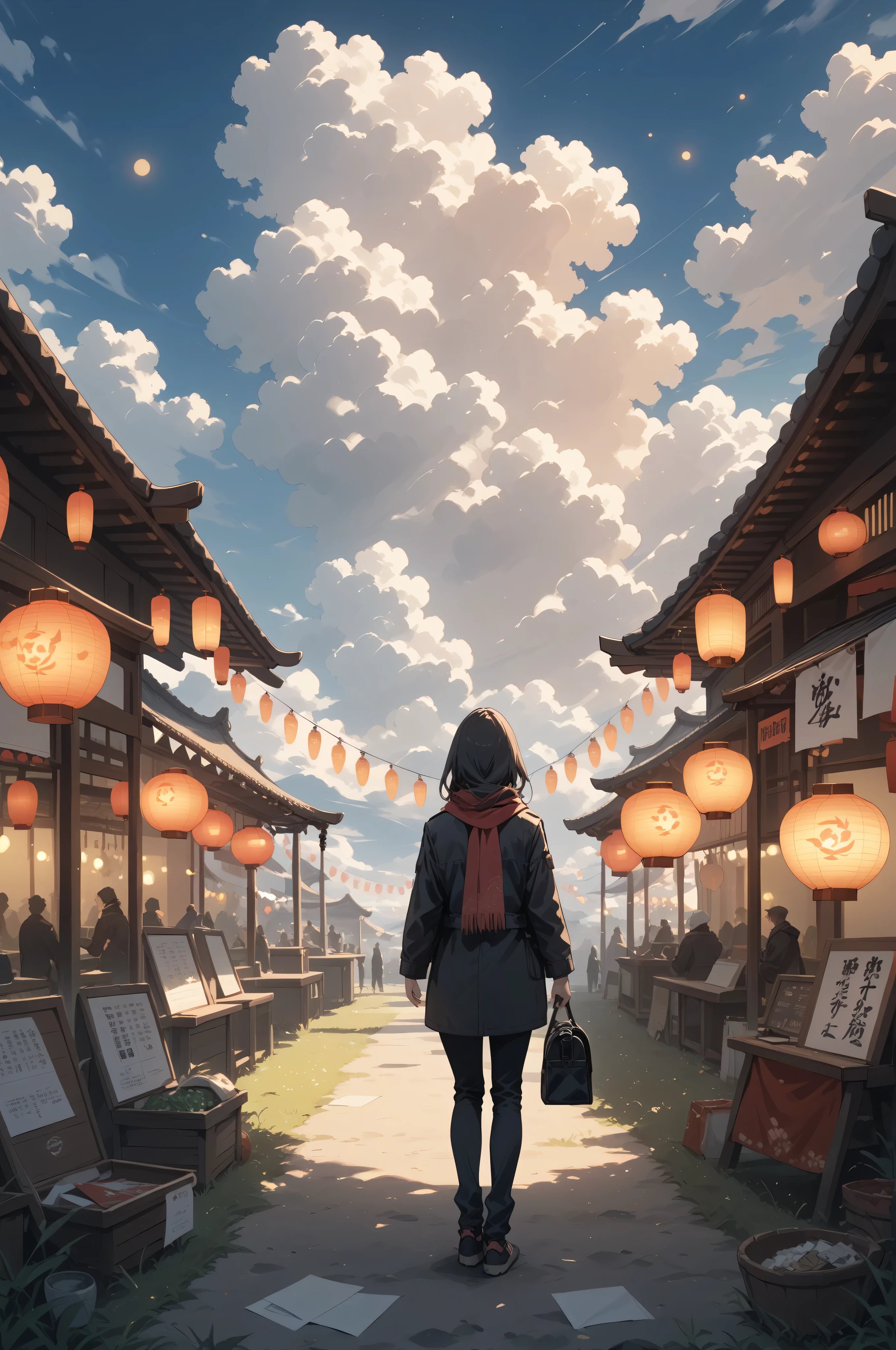 score_9,score_8_up,score_7_up, masterpiece, (floating paper lantern), festival, dynamic composition, 1girl,solo,sky,cloud,outdoors,scenery,black hair,grass,from behind,long hair,standing,cloudy sky,dark,hood,sunset,bag,jacket,night,scarf,long sleeves,facing away,