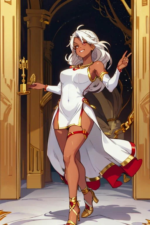 female, white long hair, red eyes, dark skin, (((1girl))), (((white sleeveless dress with gold trim))), (white detached sleeves), (gold necklace with ruby pendant), (gold Greek style heels), cute and sexy, full body, big breasts, long legs, smiling