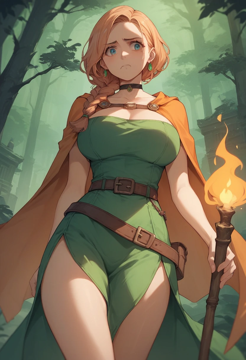  score_9,  score_8_up,  score_7_up, sauce_Anime, thigh up,  1 girl, frown, Nervous,  big breasts at the temple, DQ Bianca,  single braided ,  HAIR IS ON YOUR SHOULDER ,  earrings for a woman alone,  choker, orange cape , Green Dress, belt, torch, Dark Forest,  Shadow