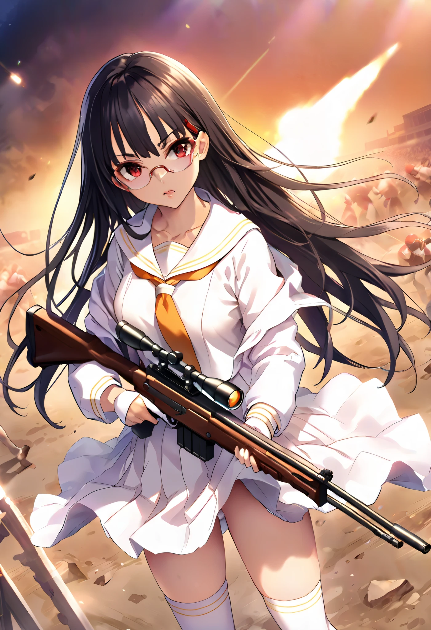 masterpiece、Best Quality、 super high definition、Maximum resolution、 very detailed、Professional Lighting、Anime、woman、thin、 so beautiful、 high school girl、 white sailor uniform、 white knee high socks、Equipped with a sniper rifle 、 red eyes、Black Hair、Long handless gloves、 Tactical Boots 、 equipped with clear orange shooting glasses、Equipped with a chest rig 、Standing Alone on the Battlefield