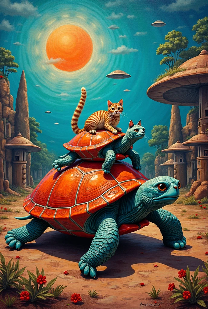   surrealist painting Inspired by Paintings of turtle with Cats on Their Back、indigenous art、Artist Unknown、  Oil on Canvas and Aliens  、Norman･Mingo Paintings  、  surrealist painting 、 Influenced by Yokoo Tadanori 