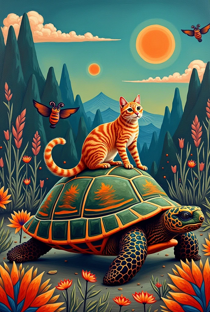   surrealist painting Inspired by Paintings of turtle with Cats on Their Back、indigenous art、Artist Unknown、  Oil on Canvas and Aliens  、Norman･Mingo Paintings  、  surrealist painting 、 Influenced by Yokoo Tadanori 