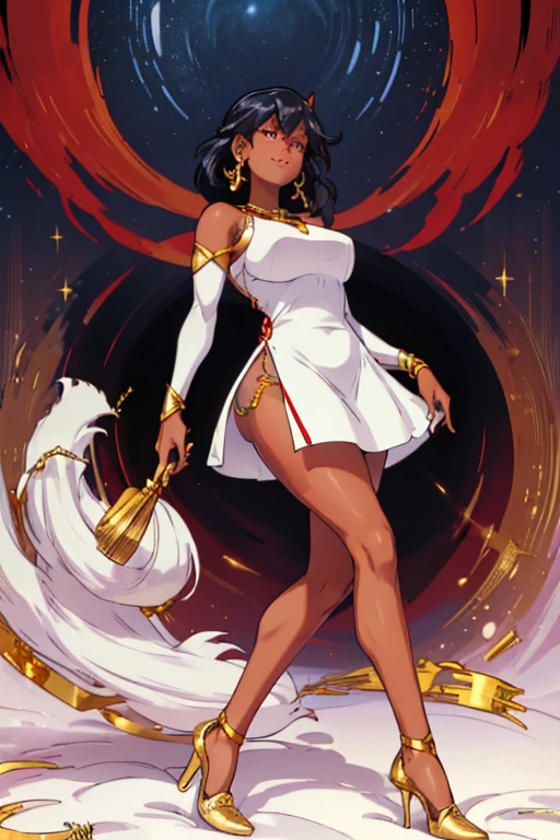 female, white long hair, red eyes, dark skin, (((1girl))), (((white sleeveless dress with gold trim))), (white detached sleeves), (gold necklace with ruby pendant), (gold Greek style heels), cute and sexy, full body, big breasts, long legs, smiling