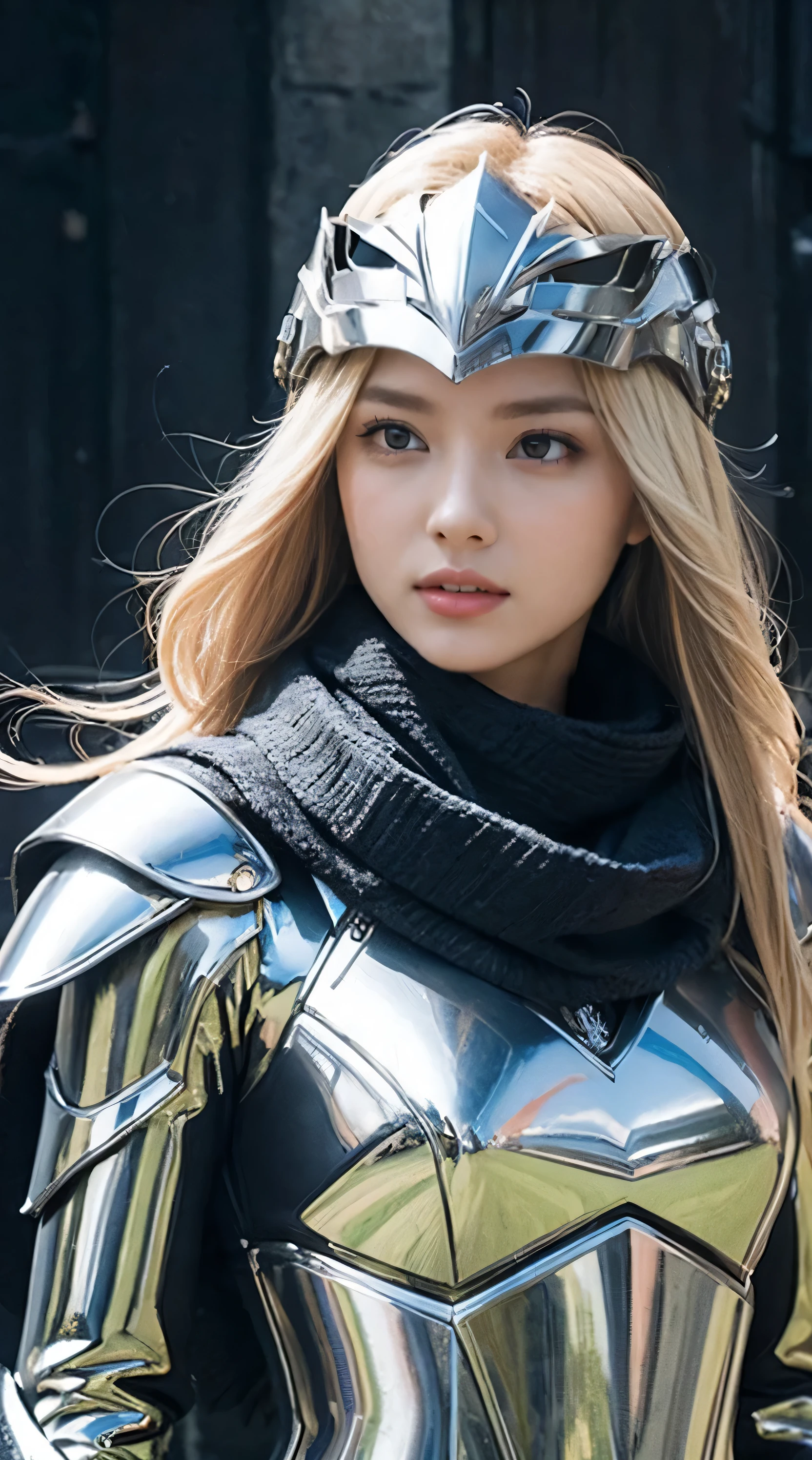 (((masterpiece))),,Best Quality, photograph, Earth, water,, wind, space, 1 woman, blond hair, Shiny Armor, Eagle Helmet, Facial beauty, scarf, paper_ cut,