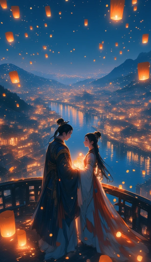 (Masterpiece, high quality, high definition, 4K, 8k, detail）、The handsome Chinese emperor and beautiful empress are realistically depicted as they shoot lanterns into the sky from the parapet of a bridge at night. They look at each other and hold the lanterns together, their upper bodies in close-up, and their traditional Chinese royal costumes are elaborately rendered in detail. Numerous lanterns float in the high sky, illuminating the scene. Behind them, old Chinese towns glow on either side of a bridge, and the river below reflects the soft light of the lanterns and town lights, creating a serene and romantic atmosphere. The vast scene is captured with depth and perspective, combining traditional beauty and elegance.
A dramatic, beautiful, and mysterious world that will leave you sighing.
