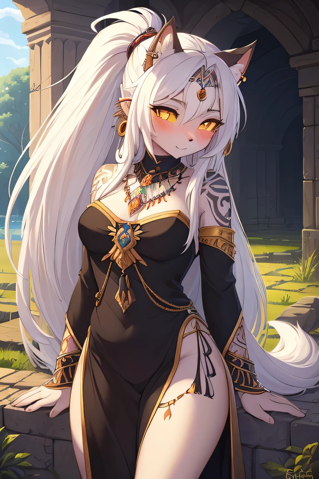 Vibrant colors, Small and beautiful ,dark skin Big breasts dress,Torn dress,Tattered Dress,Dark skin,elf princess,long ears, White hair, masterpiece, High quality, 8K, High resolution, detaileds,single braid, red eyes,earring, jewelry
