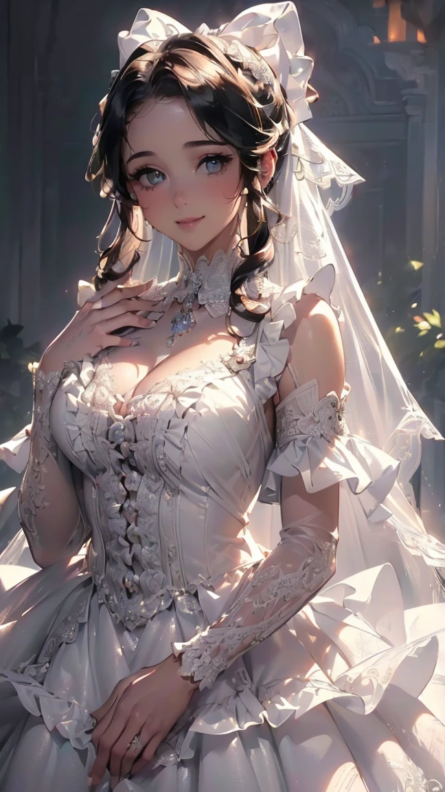 (((( Hi-Res,  complicated details, Super detailed, masterpiece, 8k)))), (((beautiful, white wedding dress, lace, frill, Beautiful face,  one woman, middle part, amount, Smile,  is standing,  pubic skin))), ((Black Hair,  emphasizes the chest)), ( red cheeks , Long Hair, high ponytail,  big ribbon), from front,