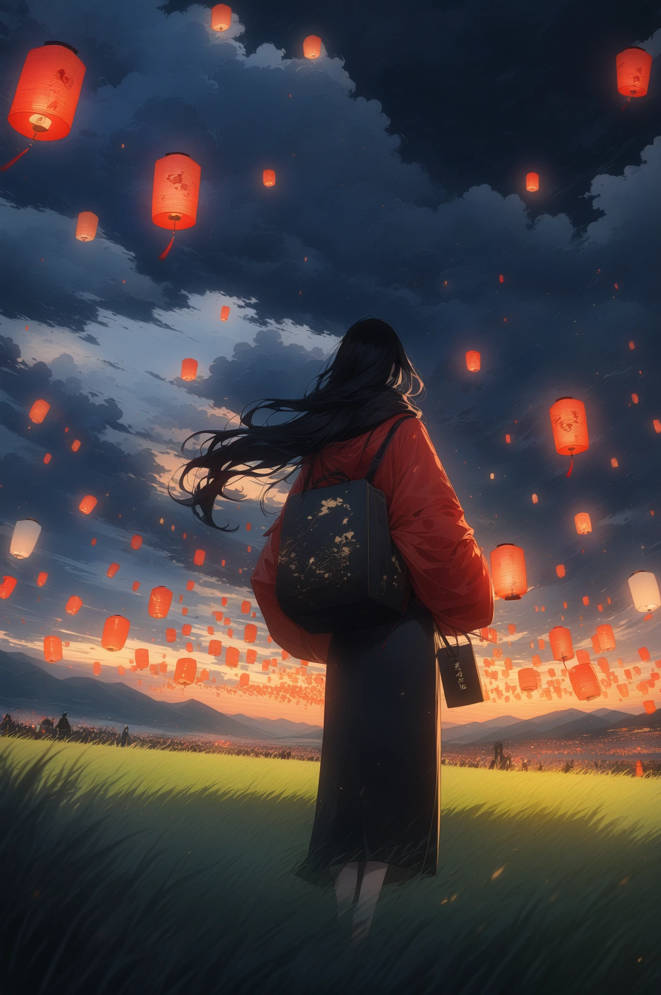 masterpiece, (floating paper lantern), festival, dynamic composition, 1girl,solo,sky,cloud,outdoors,scenery,black hair,grass,from behind,long hair,standing,cloudy sky,dark,hood,sunset,bag,jacket,night,scarf,long sleeves,facing away,