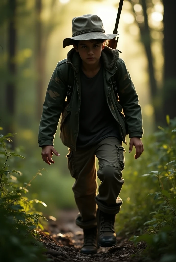 Hunter boy in forest