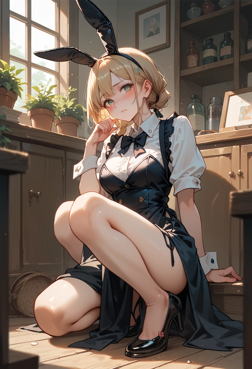 A girl sitting on a desk, school, classroom, spread legs, white panties, pervert, ultra detailed, (beret:1.8), (iwanagadress:1.2), (iwanagakotoko:0.9), iwanaga kotoko, beautiful body, beautiful face, good anatomy, white stockings, white panties, blonde hair, short hair, embarassed look, blushing, hand covering mouth, looking away