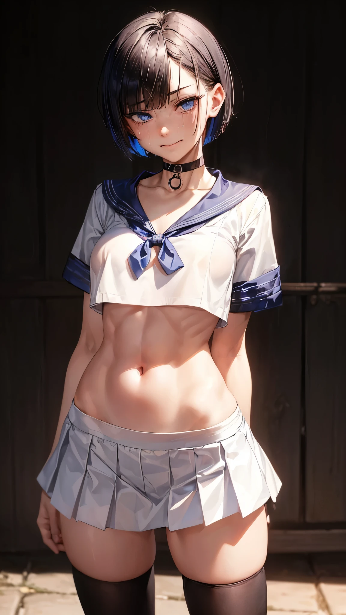 　(((nsfw)))､A masterpiece showing private parts, Highest quality, High resolution, Mel 1, tiara, Sailor Warrior Uniforms, Blue Skirt, Blue sailor collar, tiara, bow, Knee Boots, choker, White gloves, blue choker, elbow gloves, jewelry, Earrings, Pleated skirt, Cowboy Shot, Outdoor