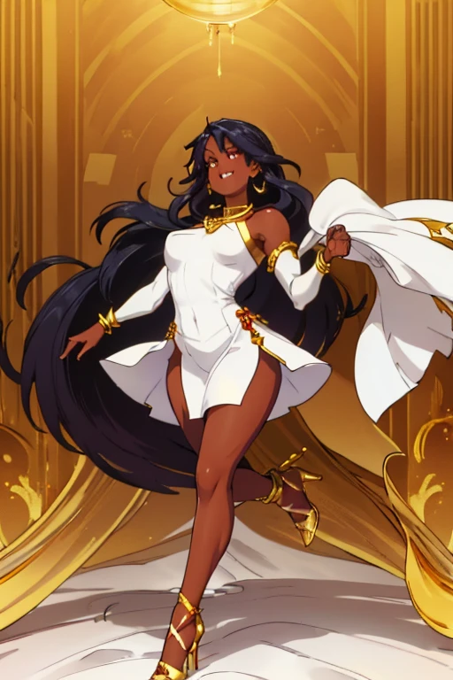 female, white long hair, red eyes, dark skin, (((1girl))), (((white sleeveless dress with gold trim))), (white detached sleeves), (gold necklace with ruby pendant), (gold Greek style heels), cute and sexy, full body, big breasts, long legs, smiling