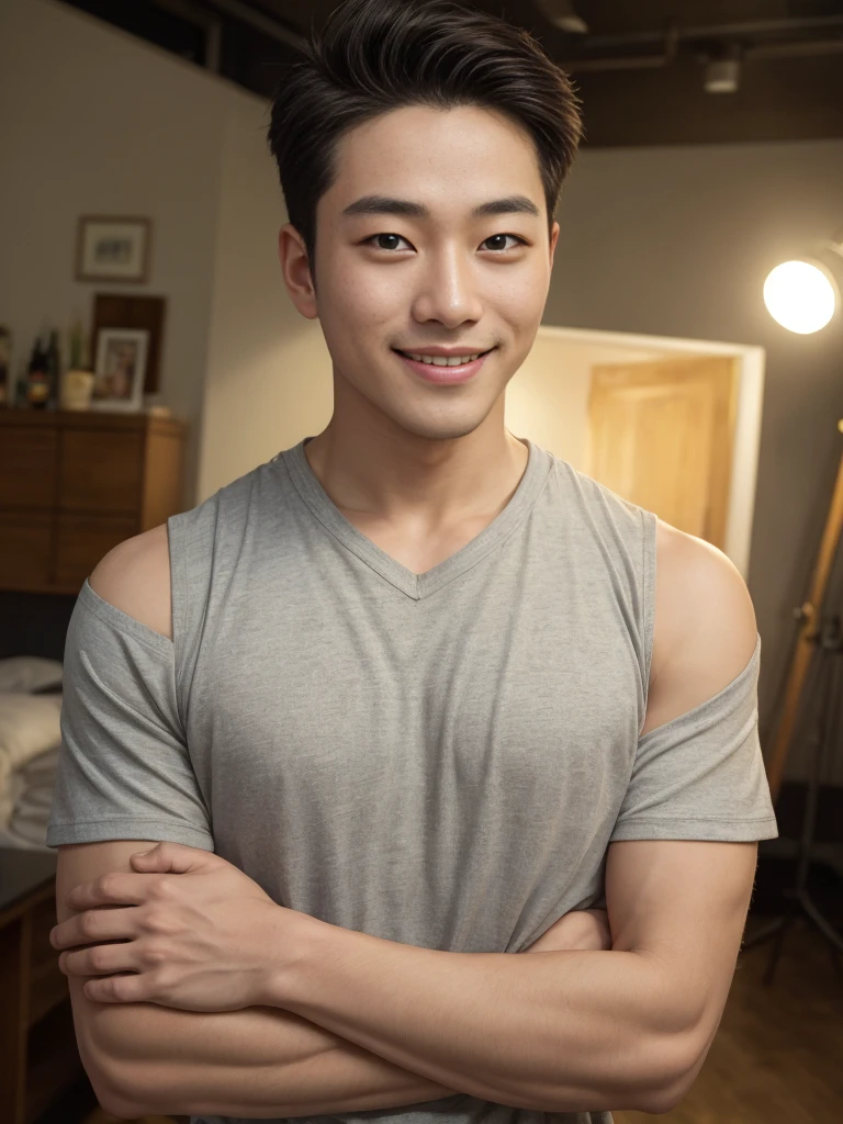 (Masterpiece), (Young refreshing Korean man, Black short hair, smile), Warm, subdued lighting,