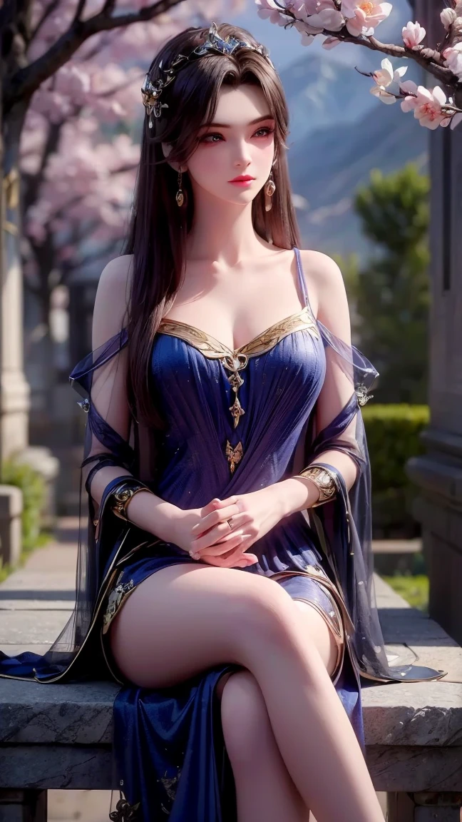 "An extremely beautiful queen,(best quality,4k, highres,masterpiece:1.2),ultra-detailed,(realistic,photorealistic,photo-realistic:1.37),beautiful q, sparkling crown, colorful gemstones, golden scepter, elegant pose, soft lighting, vibrant colors,delicate facial features, long flowing hair, black eye pupils, The big, round platinum eyes are beautiful and super detailed, red and detailed makeup eyebrows, mouth closed tightly, dreamy atmosphere, the most perfect body, ethereal beauty, proud expression, clasped the hands behind her back, strikingly graceful, lovely and charming, attention to detail, regal and majestic,fairytale-like ambiance,1 girl, 1 alone, full body, blue dressHere's a text prompt you can use to generate an image similar to the one you uploaded:

"Create a serene scene of a beautiful young woman  She is sitting gracefully on a stone bridge with cherry blossom trees around her, pink petals gently falling. The setting is in a peaceful mountain landscape, with misty mountains and a calm lake in the background. The lighting is soft and warm, capturing the essence of a calm spring morning. The woman's expression is calm and thoughtful, and her hair flows gently in the breeze.

"A tall, elegant female warrior with a powerful, confident stance, standing in a traditional East Asian-inspired room with soft, warm lighting. She wears a dark and deep blue dress with high slits, adorned with golden accents and intricate patterns, which reveal her long legs. Her attire has a mix of armor and silk, with sharp shoulder guards and translucent black sleeves that flow elegantly. She has long dark hair, partially tied up with decorative hairpins, and her expression is fierce and determined. She is wearing high heels that add to her imposing presence."

"

This prompt should help recreate a similar atmosphere and style for your image.

