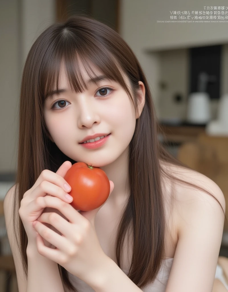 A high resolution photograph of a young Japanese petite girl, photo realistic, masterpiece, intricate details, extremely detailed, sharp focus, volumetric lighting, portrait, solo, 1girl, (naked, covering nipples with holding a tomato:1.4), (long straight hair with blunt bangs), smile, perfect hands, indoors, photo studio, 