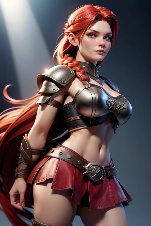  Young Viking woman , warrior,  long red hair tied in a single braid , front view,  amazonian body ,  woman wears leather armor with leather linings and Celtic and Nordic knots, fur skirt,  top quality,  masterpiece , super detail,  lyrics,  cinematographic lighting,  plain white background , without patterns, No textures.