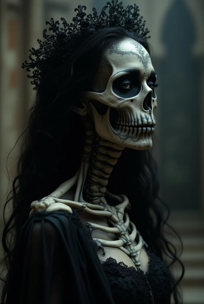 macabre style Cross the threshold into a mesmerizing realm of seduction and danger, where Jack Skellington's eerie charm meets the sleek futurism of cyberpunk. Within this neon-lit cityscape, a ravishing femme fatale emerges, her stunning visage marked by a perfect nose, voluptuous lips, and mesmerizing eyes. Her physique is enhanced by intricate cybernetics, seamlessly integrating organic curves with angular mechanics. Against a backdrop of vibrant green foliage, she emanates a potent aura of temptation, inviting the viewer to partake in her shadowy machinations. With a nod to Japanese ero-guro aesthetics, this masterpiece exposes the fragility of beauty, the inevitability of decay, and the primal attraction of opposites. Exuding a dreamlike atmosphere, the piece beckons the audience to embrace the dualities within and surrender to the allure of the unknown. . dark, gothic, grim, haunting, highly detailed