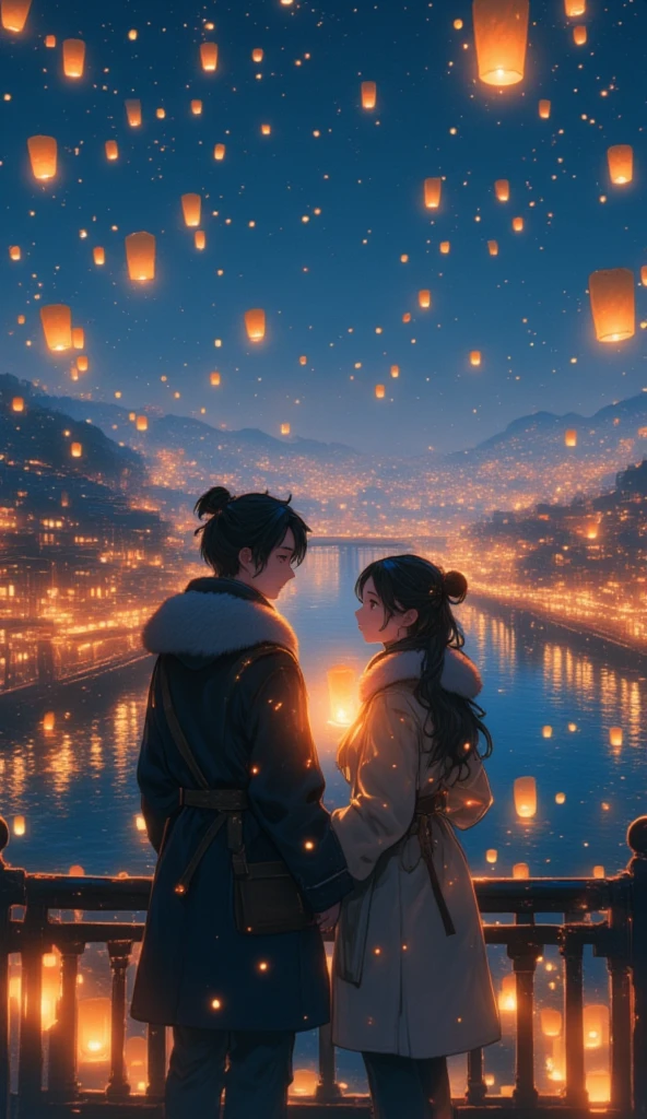 (Masterpiece, high quality, high definition, 4K, 8k, detail）A handsome Chinese man and a beautiful Chinese woman release a lantern into the sky from the parapet of a bridge at night in this realistic depiction. They are looking at each other, both holding lanterns together, their upper bodies in close-up, their faces highlighted by the soft light of the lanterns, wearing warm winter coats, and countless lanterns floating high in the sky, illuminating the scene. Behind them, old Chinese towns glow on either side of a bridge, and the river below reflects the soft light of the lanterns and town lights, creating a serene and romantic atmosphere. The vast scene is captured with depth and perspective, combining traditional beauty and elegance. A dramatic, beautiful, and mysterious world that will leave you sighing.