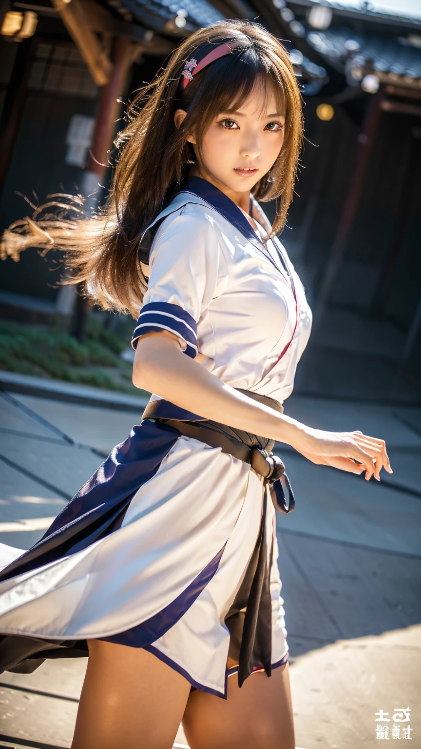 (, Best Quality,  Hi-Res,  Surreal ,  so beautiful), 24000dpi, Beautiful woman,  high school girl, Long Tail,  Headband , Well-formed eyes, greatest visual acuity, 18 years old,  enchantment, Fully American,  perfect body, The charm of the flesh, ((Japanese sailor uniform:1.3, Serafuku,  miniskirt)), (((hold, Japanese Sword, Ancient scabbard , Bidirectional))), Blue Lightning, , (Special Move Position), All-in-one,  absurd, ((( anatomically accurate))), whole body