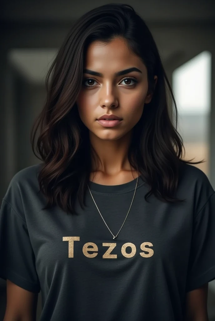 23 year old woman wearing a black sweatshirt, con un pans negro ancho, de noche, straight brown hair, ojos almendrado, labios rosados