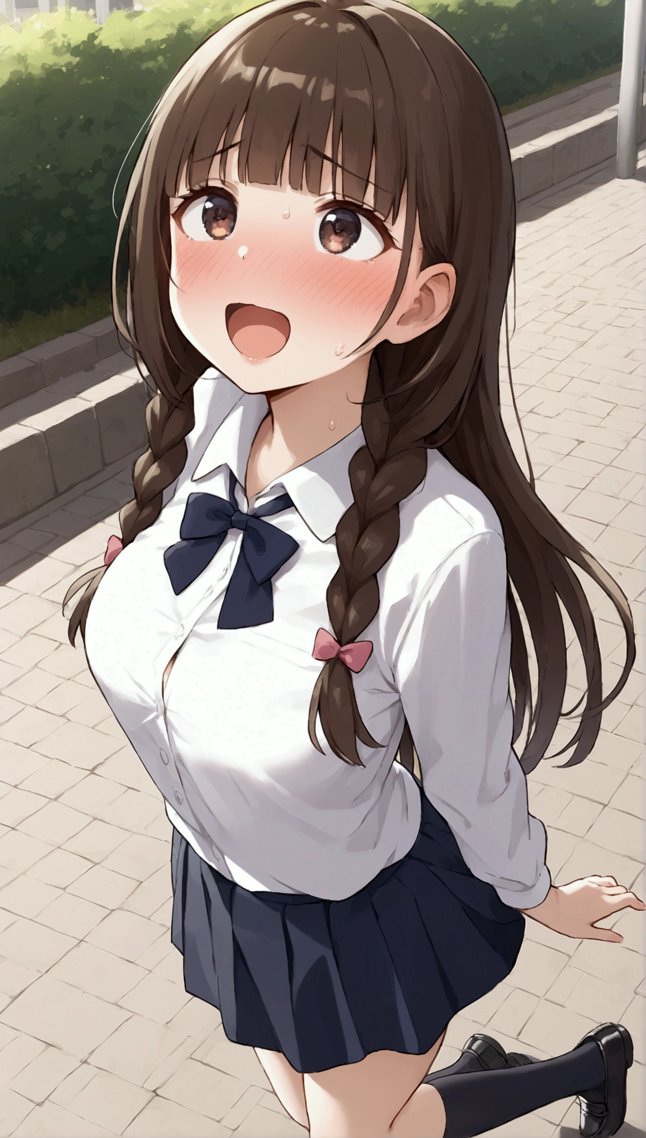 {Best Quality], [Very beautiful], [Ultra fine], [Best illustration],sauce_anime,stand,Brown Hair,hime cut,Long Hair,Braids,Excited face,Cutesy,High school girl, white shirt,skirt,Beautiful breasts, black high socks, black loafers , slender, make you blush,Woman looking up,Embarrassed,In the village,Outside the home, poses,From an angle, they point their lips over here ,
