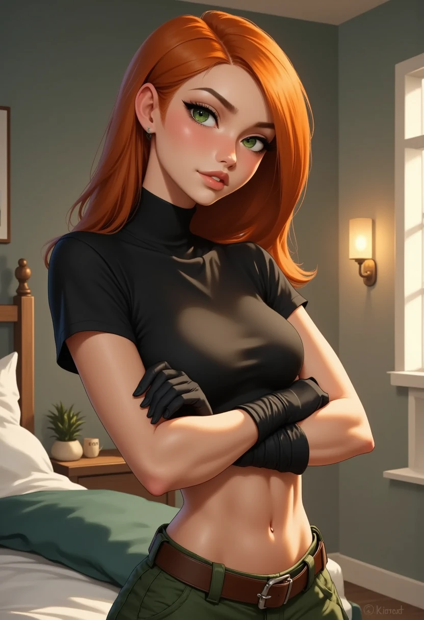 Masterpiece, raw, beautiful art, professional artist, 8k, very detailed face, very detailed hair, 1girl, wearing (Orange-red hair, green eyes, confident expression, black crop top, black gloves, brown belt, green cargo pants:1.1), posing in her bedroom, perfectly drawn body, beautiful face, long hair, very detailed eyes, rosey cheeks, intricate details in eyes, puckered lips, perfect fit body, beautiful body, extremely detailed, intricate details, highly detailed, sharp focus, detailed skin, realistic skin texture, texture, detailed eyes, high resolution, kodak vision color, foto_\(ultra\), post-processing, maximum detail, roughness, real life, ultra realistic, photorealism, photography, absurdres, RAW photo, highest quality, high detail RAW color photo, professional photo, extremely detailed UHD 8k wallpaper unit, best quality, highres, (masterpiece, top quality, high resolution:1.4), photo, cinematic, film grain, sharp, soft natural light, magic photography, super detailed