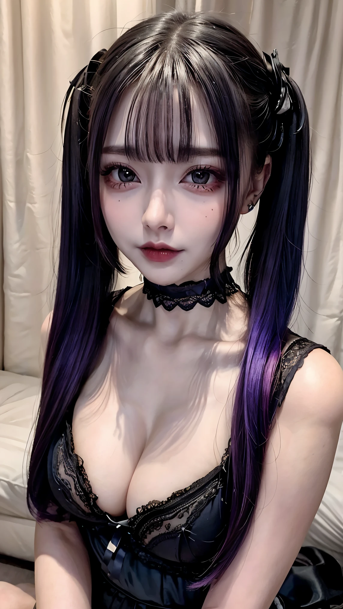 photo shoot, masterpiece, Best Quality, 8k,  Hi-Res,  Hi-Res, ( bed:1.2), ( Vivid Colors:1.2),(Enchanted face、Excited state:1.5),(Female facial expression:1.2),  purple eyes,  Movie Lighting、Purple and  Black Hair 、(Landmine Girl、 Heavy makeup)、( earrings for a woman alone、たくさんの earrings for a woman alone)、((Heavy makeup、,  growing skin  、  Realistic Skin Textures  、Beautiful Skin))、  Blue Movie Picture  、( full shot :1.8),Thin arms、Narrow shoulders、 thin waist、Slender body、(( small breasts)), whole body、(Room lighting:-0.8),  (Lingerie:1.5),  choker,cross， twin tails，alternate hair color， Purple and Black Multicolor Hair ,{{{alternate hair color}}}, Purple Hair, Black Hair ,{{{ purple streaked hair ,}}},indoor 