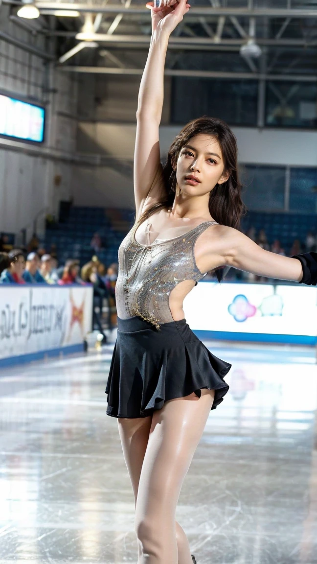 1 female、(super beautiful)、(beautiful face:1.6)、(detailed face:1.5)、(fine eyes:1.1)、(detailed lips:1.1)、(detailed nose:1.1)、(brown hair)、(Doing figure skating)、(she'He's the only one skating at the rink.:1.2)、(anatomically correct movements:1.3)、(Purple costume)、(White panties under the skirt:1.2)、(Clothes:1.5)、(skating rink with spectators)、(At SFW:1.5)
