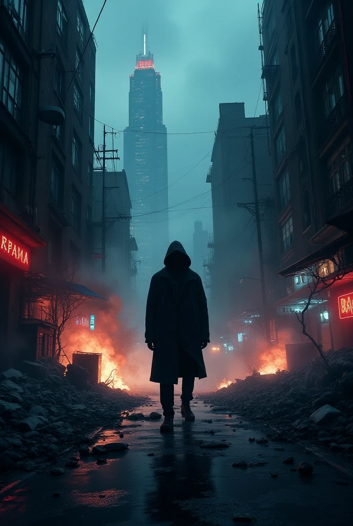 In the heart of a battered and bleak cityscape, a lone figure stands amidst the chaos. The once-vibrant city is now painted in hues of red and gray, the remnants of shattered buildings casting long shadows across the desolate streets. The figure, dressed in tattered clothes, looks out at the devastation with a determined expression. Their face, etched with lines of exhaustion and resilience, is illuminated by the faint glow of a nearby streetlight. Blood stains their clothes and hands, a stark testament to the brutality they've endured. Despite the grim surroundings, there's a sense of strength and defiance in their posture, a