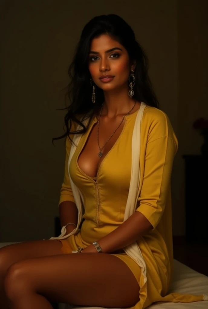 Indian random fair light dark Woman, perfect face, eyes,( lips details) , (symmetric face) , (kurta), (Light red & yellow color) , half body, standing, (perfect breasts) , narrow hip, sexy hips, garden, night, moody, high resolution, high quality, masterpiece, Beautiful, fair, perfect body, cleavage