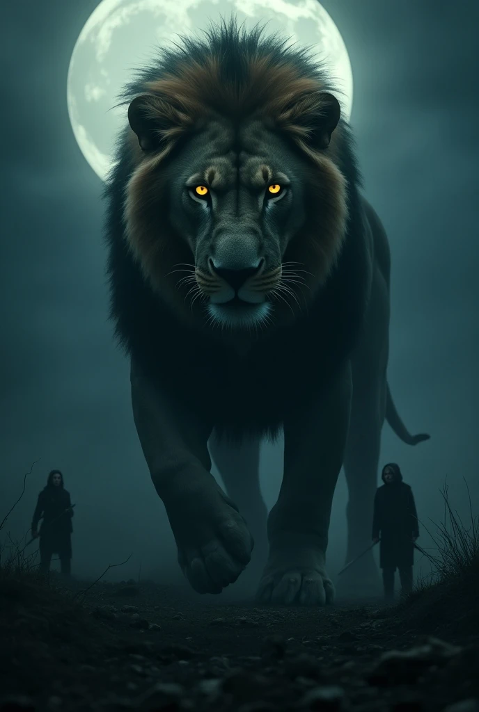 dark-themed lion pride, (fierce and intimidating), (emerging from shadows), (glowing eyes), (in a desolate landscape), (ominous atmosphere), (illustration), (fantasy).