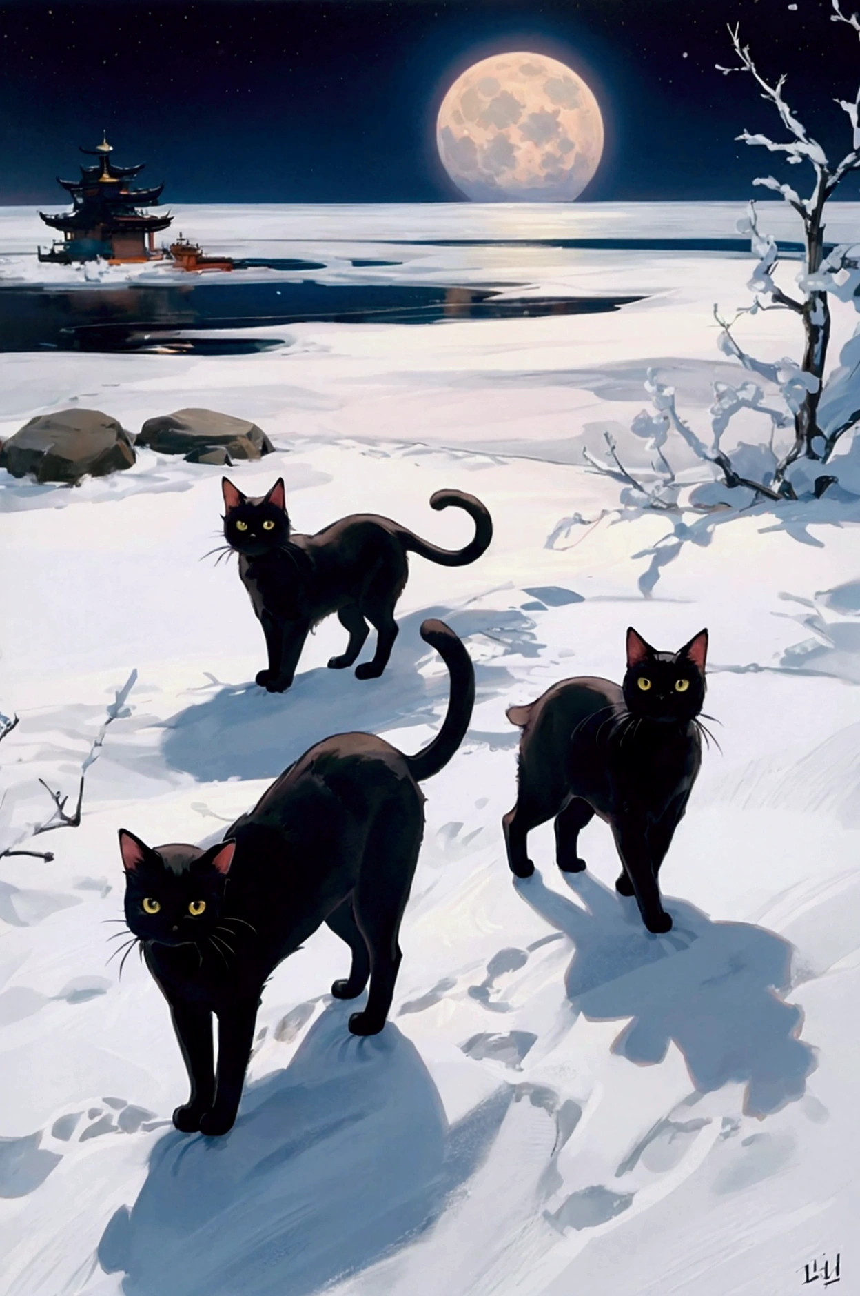 there are five Black Cat standing in a circle on a white surface,  by Lee In-moon ,  by Ivan Generalic , By Kim Myung-gok, ジョッセ・リーフェリンクス,  by Yuko Tatsushima , Cat Conference, Black Cat, Ryusuke Fukahori, Jongsuk Lee, Written by Lu Ji