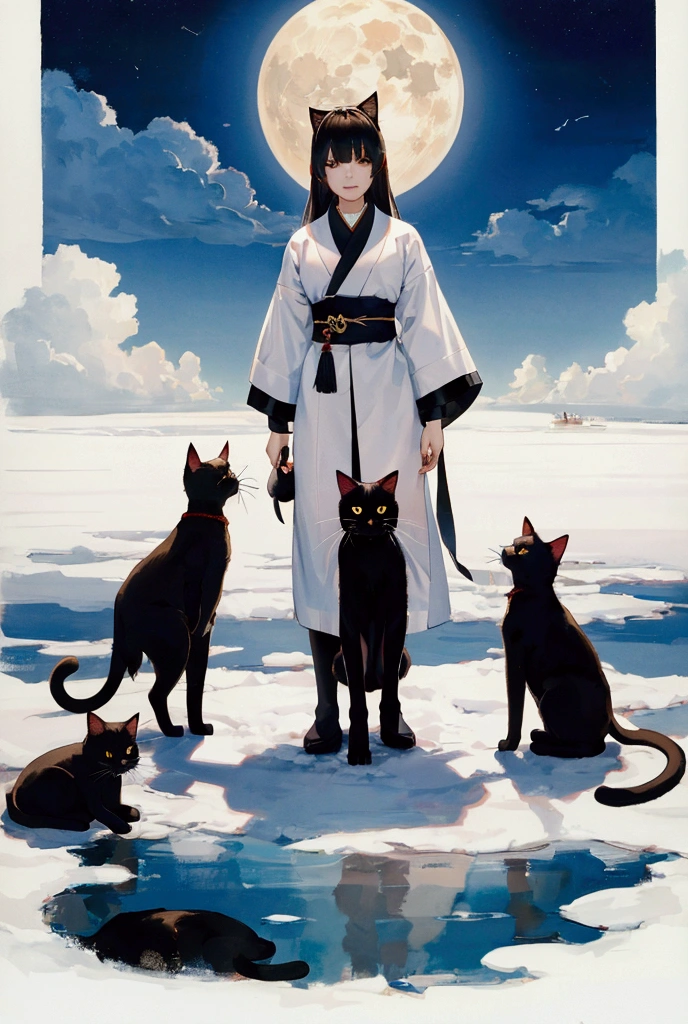 there are five Black Cat standing in a circle on a white surface,  by Lee In-moon ,  by Ivan Generalic , By Kim Myung-gok, ジョッセ・リーフェリンクス,  by Yuko Tatsushima , Cat Conference, Black Cat, Ryusuke Fukahori, Jongsuk Lee, Written by Lu Ji