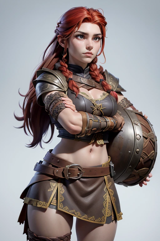  Young Viking woman , warrior,  long red hair tied in a single braid , front view,  amazonian body ,  woman wears leather armor with leather linings and Celtic and Nordic knots, fur skirt,  top quality,  masterpiece , super detail,  lyrics,  cinematographic lighting,  plain white background , without patterns, No textures.