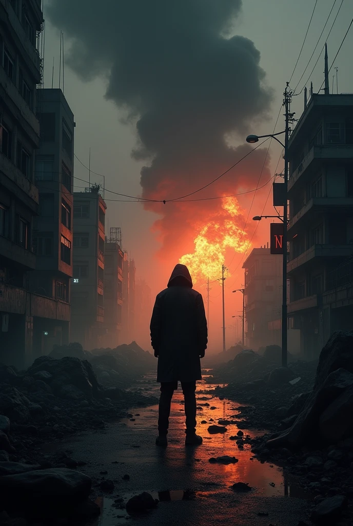 Brown skin boy wearing black hoodie sit lonely in higher place, buildings destroyed, fire everywhere, cars burning, blood in the ground, high quality