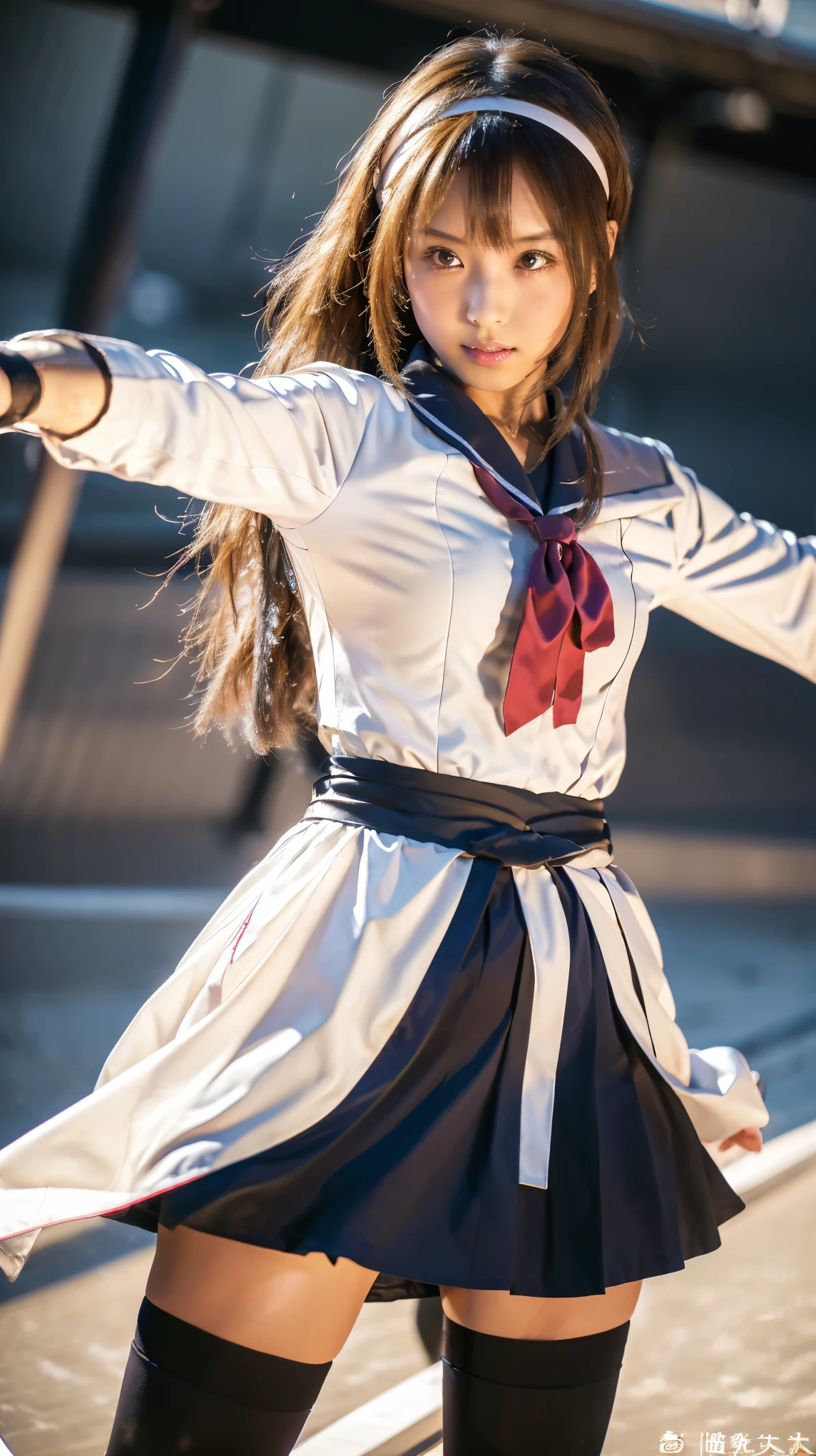 (, Best Quality,  Hi-Res,  Surreal ,  so beautiful), 24000dpi, Beautiful woman,  high school girl, Long Tail,  Headband , Well-formed eyes, greatest visual acuity, 18 years old,  enchantment, Fully American,  perfect body, The charm of the flesh, ((Japanese sailor uniform:1.3, Serafuku,  miniskirt)), (((hold, Japanese Sword, Ancient scabbard , Bidirectional))), Blue Lightning, , (Special Move Position), All-in-one,  absurd, ((( anatomically accurate))), whole body