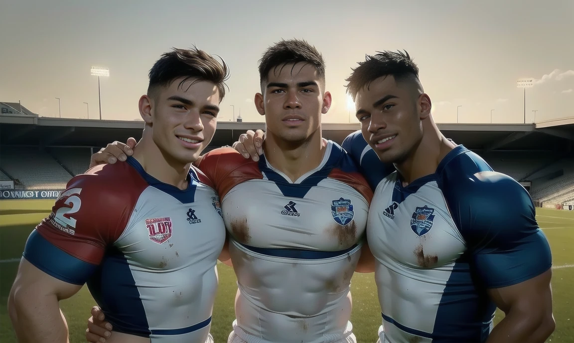 group of sexy tough sweaty dirty college rugby league jocks standing close together and wearing the same rugby league jersey. looking at you with lusty hungry excited grins. standing on a rugby league field with the sun behind them.