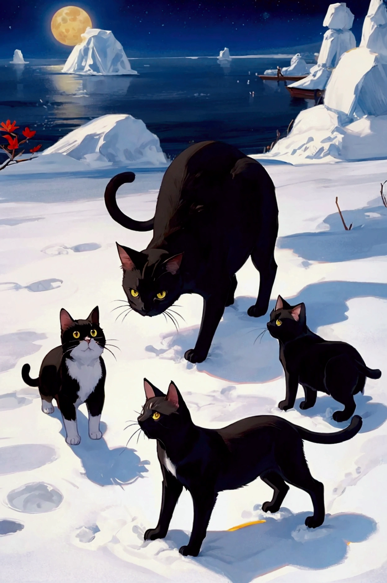 there are five Black Cat standing in a circle on a white surface,  by Lee In-moon ,  by Ivan Generalic , By Kim Myung-gok, ジョッセ・リーフェリンクス,  by Yuko Tatsushima , Cat Conference, Black Cat, Ryusuke Fukahori, Jongsuk Lee, Written by Lu Ji