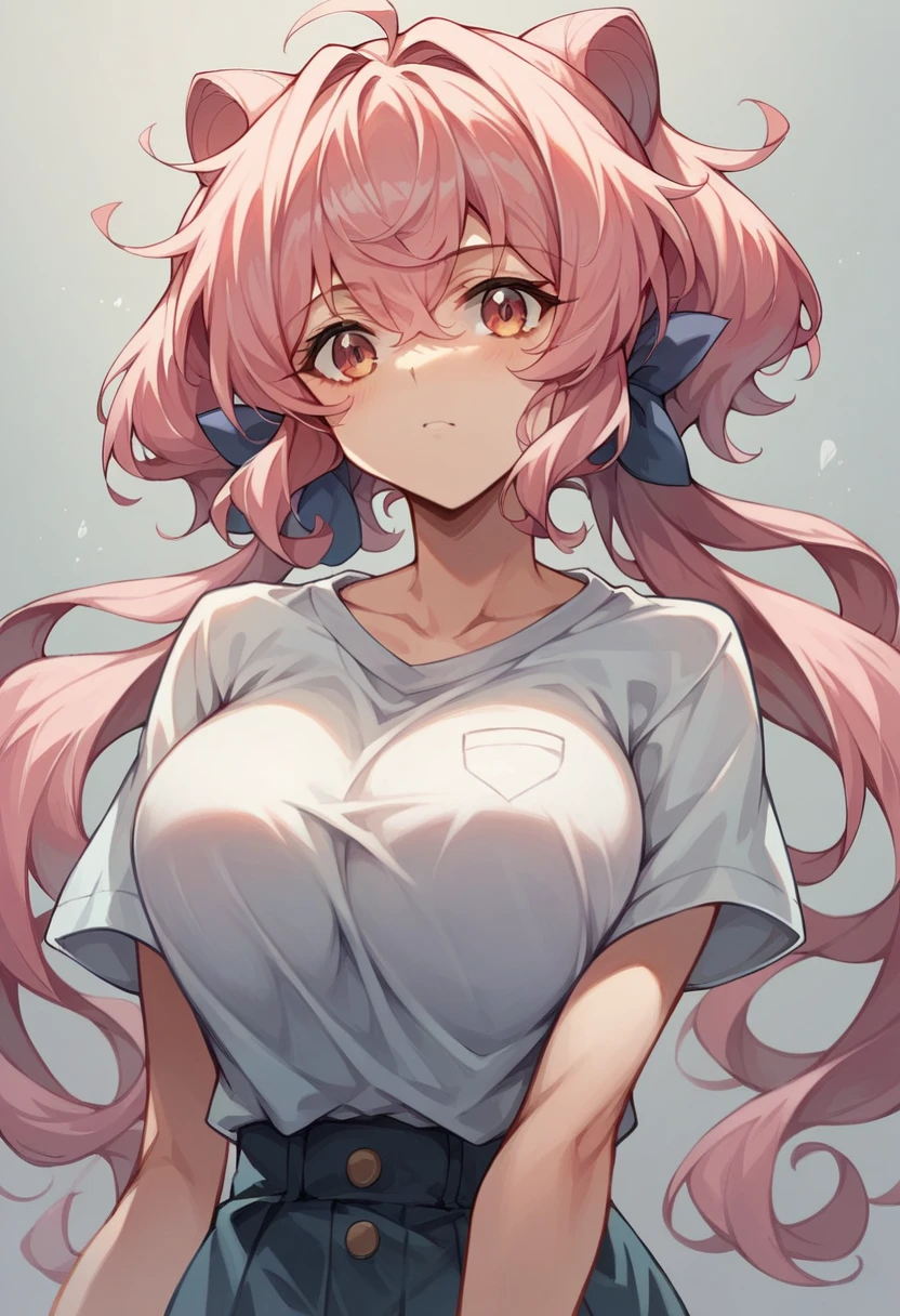 masterpiece, 8k, ( high quality:1.2) perfect artwork, ( 1 girl),   Senki Zesshou Symphogear、Yukine Chris 、Yukine Chris、 pink hair、Big Breasts、 neck twin tails(fine hair )、School Shirt、