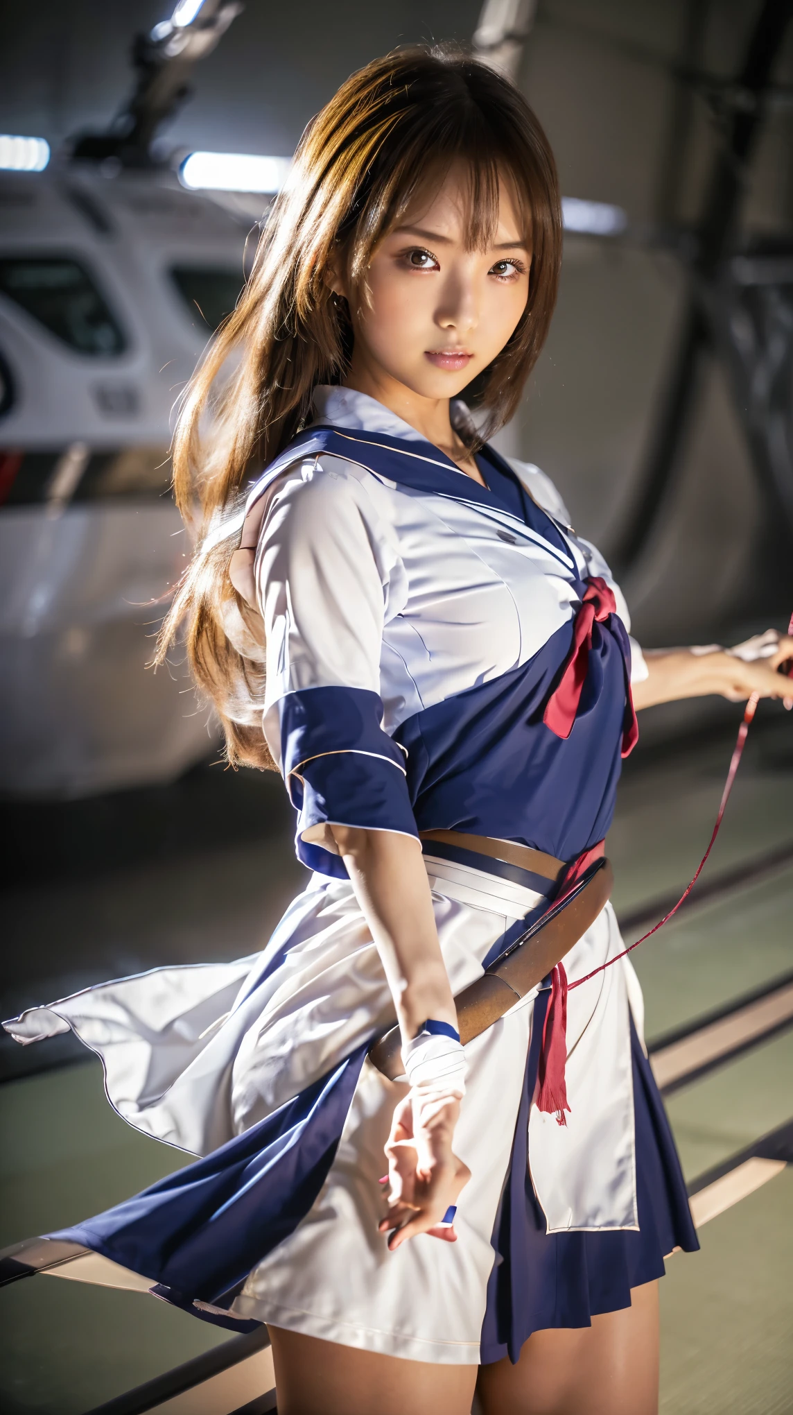 (, Best Quality,  Hi-Res,  Surreal ,  so beautiful), 24000dpi, Beautiful woman,  high school girl, Long Tail,  Headband , Well-formed eyes, greatest visual acuity, 18 years old,  enchantment, Fully American,  perfect body, The charm of the flesh, ((Japanese sailor uniform:1.3, Serafuku,  miniskirt)), (((hold, Japanese Sword, Ancient scabbard , Bidirectional))), Blue Lightning, , (Special Move Position), All-in-one,  absurd, ((( anatomically accurate))), whole body