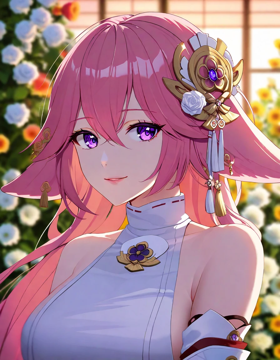 detailed, aesthetic, beautiful, beautiful color, amazing quality, best quality, 1girl, solo, looking at viewer, bangs, yae miko, purple eyes, floppy ears, pink hair, japanese clothes, bare shoulders, upper body, flower, blurry, rose, light smile, white flower, red flower, pink flower, backlighting, red rose, yellow flower, arms at sides, sunflower, floral background, white rose, pink rose, orange flower, 