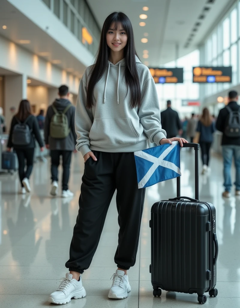 "A realistic photo image of Samira , white skin,  long straight black hair with short bangs big breasts healed body, at the airport,  wearing an oversized light gray hooded sweatshirt ,  black joggers and chunky white sneakers .  She's holding a Scottish flag with a confident smile ,  while an elegant black suitcase is at her side . The surrounding environment is bustling , with people walking,  suitcases and boarding plates in the background .  Natural lobby lighting comes through the large windows ,  highlighting Samira's flag and excited expression as she gets ready for her next adventure."