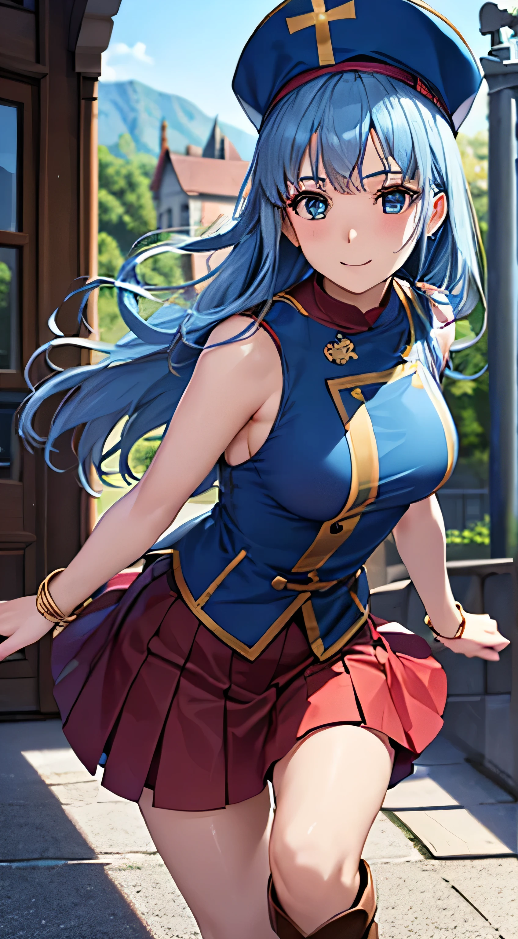 ((masterpiece, Best Quality, Hi-Res, , Perfect Pixel , 4K, ))), 1 woman, single, Alone, Beauty、The whole body is visible、 ((( light blue straight hair))),( bangs, ), (( beautiful eyes, beautiful eyelashes , Real Eyes )), (( detail face , )), (( smooth texture:0.75, Realistic texture:0.65, photorealistic:1.1, anime CG style)), medium chest, dynamic angle that raises one leg terribly, perfect body, ((Priest costume、(gorgeous blue 、blue long tabert)、 Bracelets、 blue priest hat 、、 brown leather boots 、Gold Circlet))、Castle Town Gate 、、、 lean forward、Sideboob、 very embarrassing panic smile 、、 、 ( The wind rolled up the skirt、、、、)、