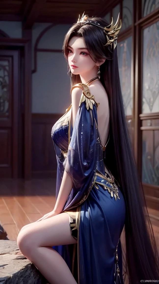 "An extremely beautiful queen,(best quality,4k, highres,masterpiece:1.2),ultra-detailed,(realistic,photorealistic,photo-realistic:1.37),beautiful q, sparkling crown, colorful gemstones, golden scepter, elegant pose, soft lighting, vibrant colors,delicate facial features, long flowing hair, black eye pupils, The big, round platinum eyes are beautiful and super detailed, red and detailed makeup eyebrows, mouth closed tightly, dreamy atmosphere, the most perfect body, ethereal beauty, proud expression, clasped the hands behind her back, strikingly graceful, lovely and charming, attention to detail, regal and majestic,fairytale-like ambiance,1 girl, 1 alone, full body, blue dressHere's a text prompt you can use to generate an image similar to the one you uploaded:

"Create a serene scene of a beautiful young woman  She is sitting gracefully on a stone bridge with cherry blossom trees around her, pink petals gently falling. The setting is in a peaceful mountain landscape, with misty mountains and a calm lake in the background. The lighting is soft and warm, capturing the essence of a calm spring morning. The woman's expression is calm and thoughtful, and her hair flows gently in the breeze.

"A tall, elegant female warrior with a powerful, confident stance, standing in a traditional East Asian-inspired room with soft, warm lighting. She wears a dark and deep blue dress with high slits, adorned with golden accents and intricate patterns, which reveal her long legs. Her attire has a mix of armor and silk, with sharp shoulder guards and translucent black sleeves that flow elegantly. She has long dark hair, partially tied up with decorative hairpins, and her expression is fierce and determined. She is wearing high heels that add to her imposing presence."

"

This prompt should help recreate a similar atmosphere and style for your image.

