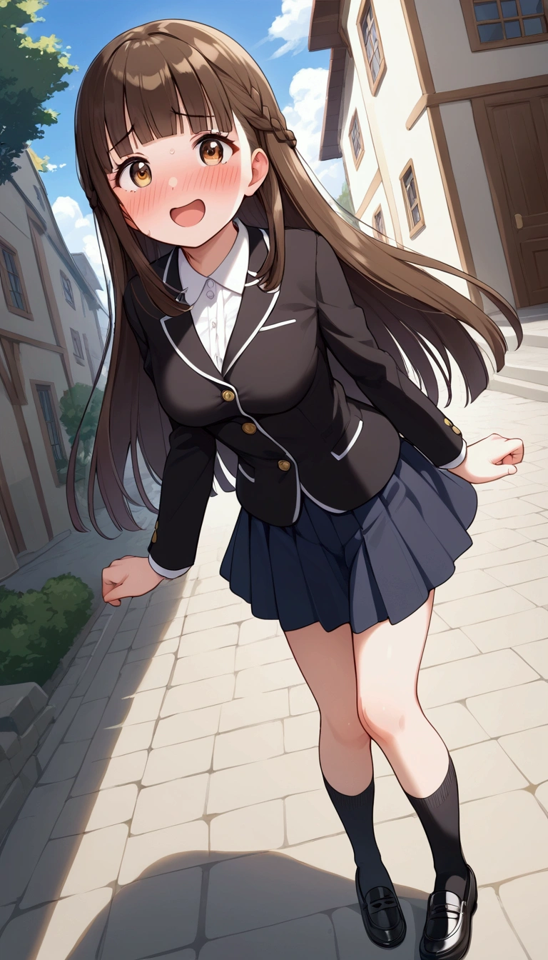 {Best Quality], [Very beautiful], [Ultra fine], [Best illustration],sauce_anime,stand,Brown Hair,hime cut,Long Hair,Braids,Excited face,Cutesy,High school girl, shirt ,skirt,Beautiful breasts, black high socks, black loafers , slender, make you blush,Woman looking up,Embarrassed,In the village,Outside the home, poses,From an angle, they point their lips over here ,