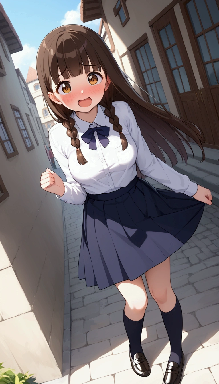 {Best Quality], [Very beautiful], [Ultra fine], [Best illustration],sauce_anime,stand,Brown Hair,hime cut,Long Hair,Braids,Excited face,Cutesy,High school girl, shirt ,skirt,Beautiful breasts, black high socks, black loafers , slender, make you blush,Woman looking up,Embarrassed,In the village,Outside the home, poses,From an angle, they point their lips over here ,